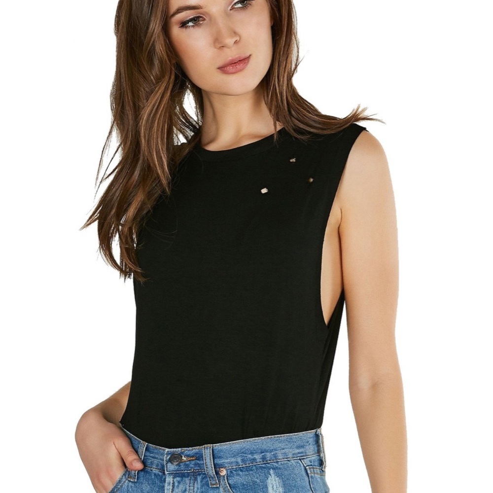 Honey Punch Muscle Cut Distressed Bodysuit